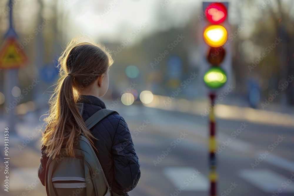 A roadside schoolgirl watches a traffic light. innovative road safety measures and safe driving guidelines for young pedestrians, Generative AI. A roadside schoolgirl watches a traffic light. innovative road safety measures and safe driving guidelines for young pedestrians, Generative AI.