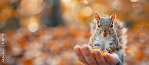 Squirrel Feeding on Hand in Autumn Park With Colorful Leaves