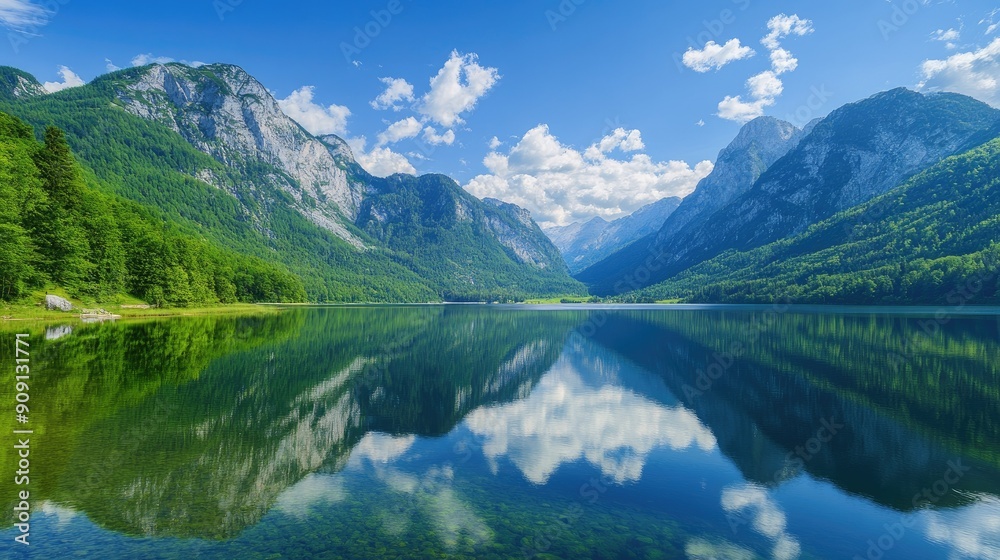 Majestic mountain scenery with lush green valleys, a clear blue sky, and a serene lake reflecting the breathtaking view Majestic mountain scenery with lush green valleys, a clear blue sky, and a serene lake reflecting the breathtaking view
