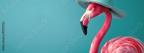 Pink Flamingo Wearing a Straw Hat Against a Turquoise Background
