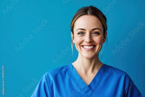 Closeup of a smiling nurse against a solid blue background