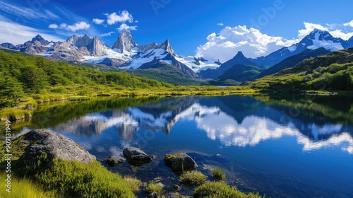 Mountain majesty with clear blue skies, verdant valleys, and a serene lake mirroring the stunning landscape