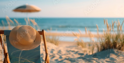 Relaxing Beach Scene With Hat and Sunglasses at Sunset