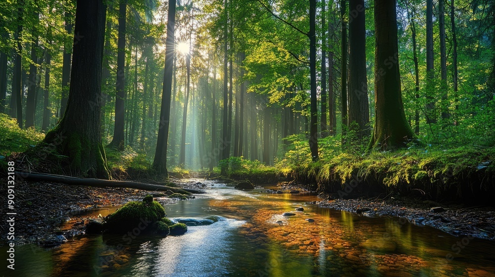 Obraz premium Peaceful forest setting with towering trees, sunlight filtering through leaves, and a tranquil stream