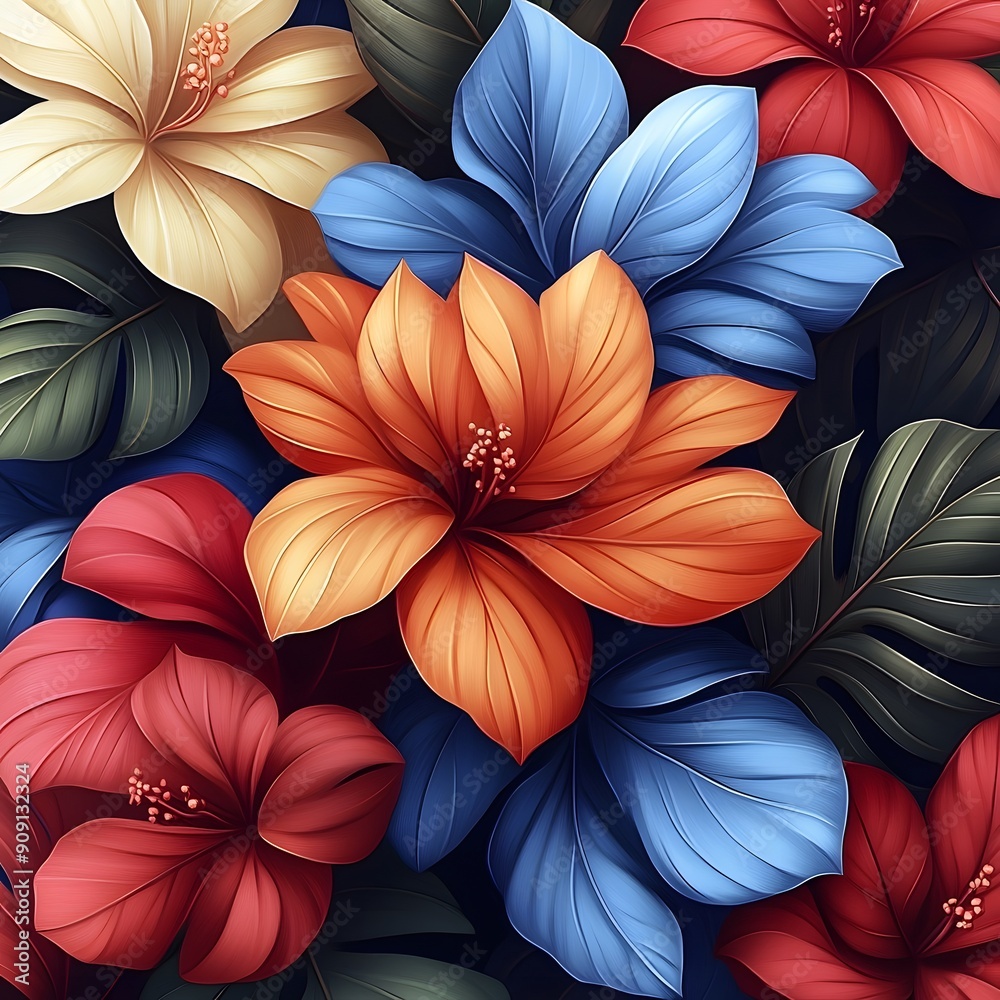 A colorful bouquet of flowers with a blue leaf in the middle. The flowers are arranged in a way that they complement each other, creating a vibrant and lively atmosphere A colorful bouquet of flowers with a blue leaf in the middle. The flowers are arranged in a way that they complement each other, creating a vibrant and lively atmosphere