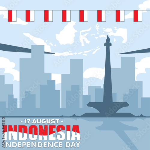 Indonesian Independence Day greeting card. With an Indonesian map in the background, the city of Jakarta, and the words 