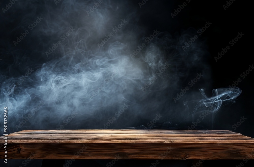 Mysterious Wooden Table Shrouded in Smoky Mist Against a Dark Background Mysterious Wooden Table Shrouded in Smoky Mist Against a Dark Background