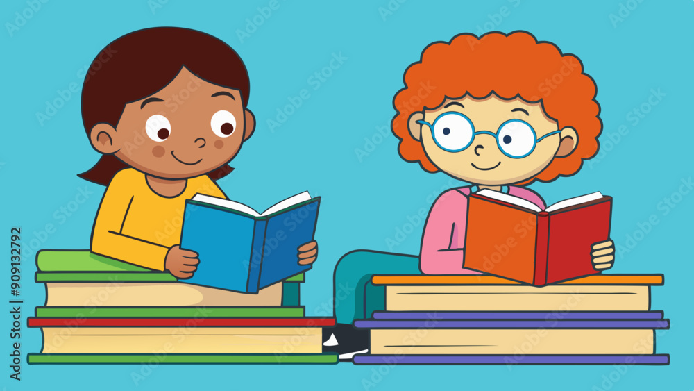 reading kids two kids reading quietly with stacks vector illustration reading kids two kids reading quietly with stacks vector illustration