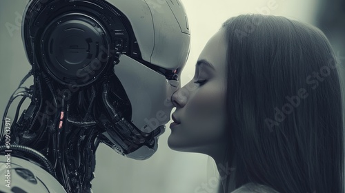 harmony and unification of technology and human feelings. kiss between a man and a robot. romance of the future. relationship between humans and artificial intelligence