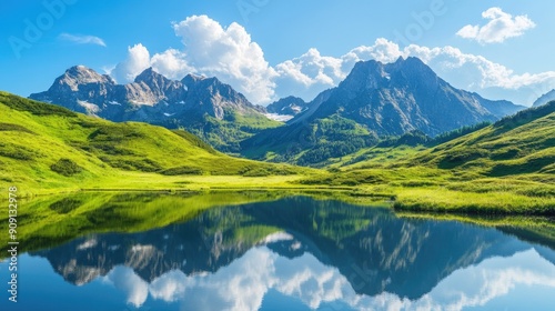 Scenic mountain landscape with green valleys, a clear blue sky, and a peaceful lake reflecting the majestic mountains