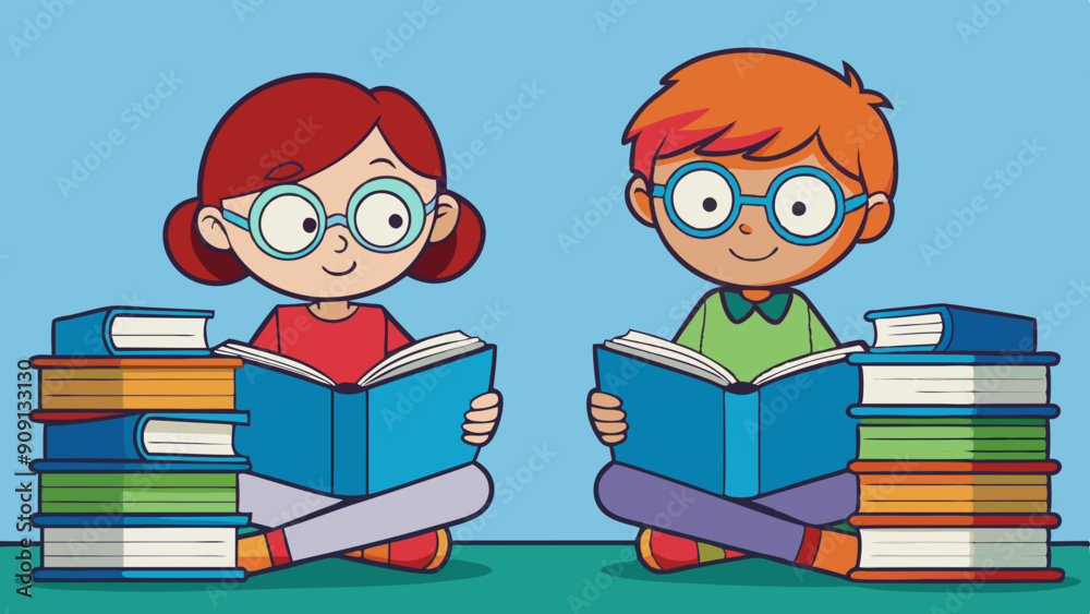 reading kids two kids reading quietly with stacks vector illustration reading kids two kids reading quietly with stacks vector illustration