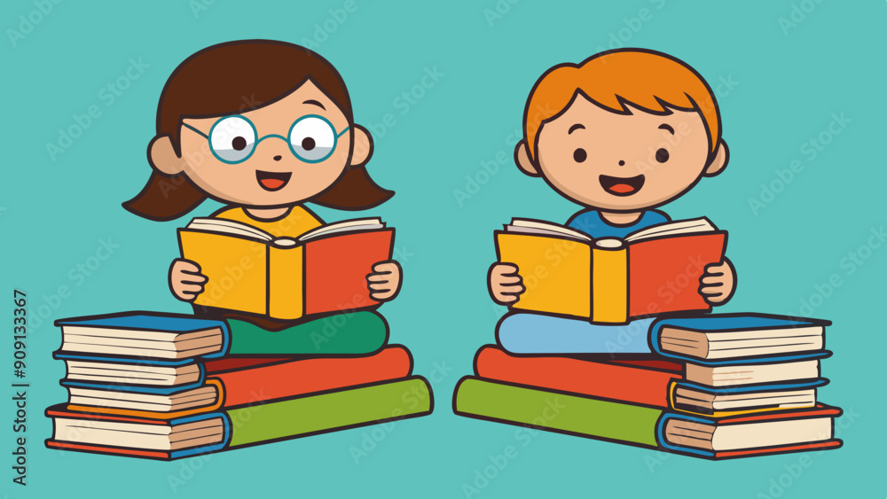 reading kids two kids reading quietly with stacks vector illustration reading kids two kids reading quietly with stacks vector illustration