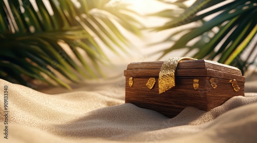 Fantasy world featuring a ribboncovered treasure box partially buried in the sand of a mystical beach photo