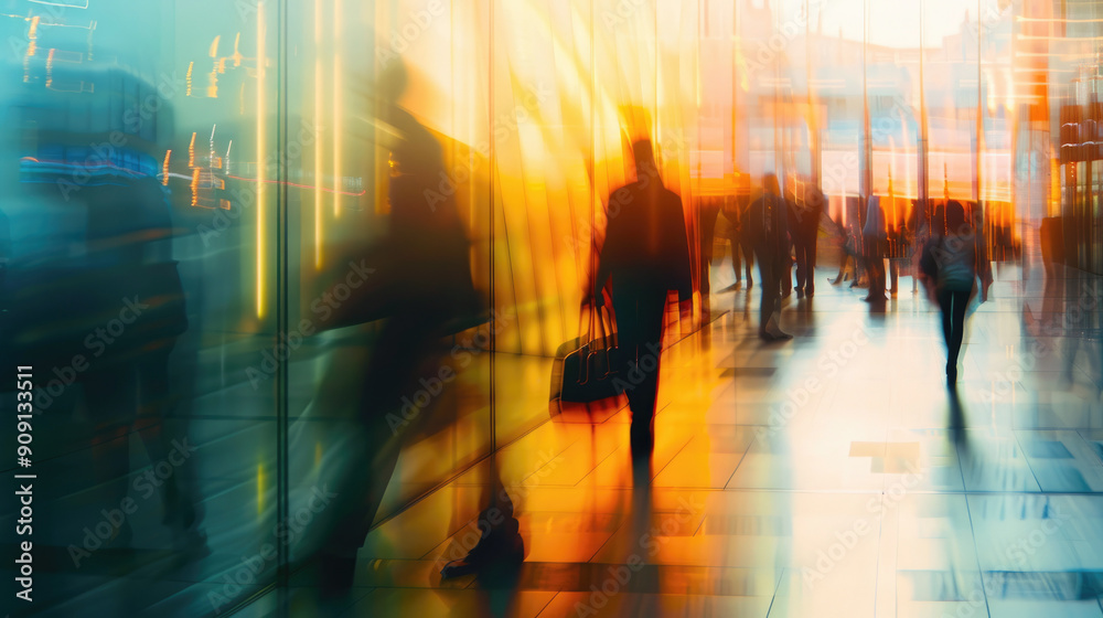 Motion blur silhouettes of people going to office, business corporation employees. Blurred images. Motion blur silhouettes of people going to office, business corporation employees. Blurred images.