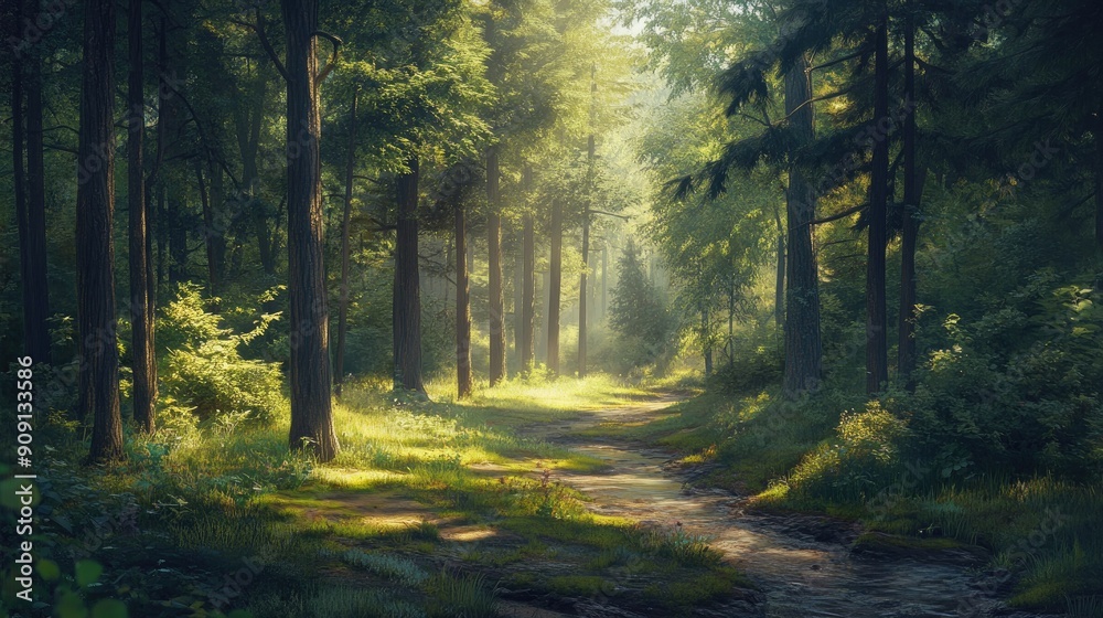 Obraz premium Serene forest view with tall trees, sunlight dappling the ground, and a gently winding stream