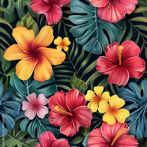 seamless pattern colorful tropical florals and leaves in a repeating seamless design