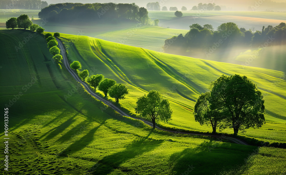 Obraz premium Scenic Green Fields with Winding Roads and Trees in Rolling Hills at Sunset - Nature, Landscape, and Countryside Serenity