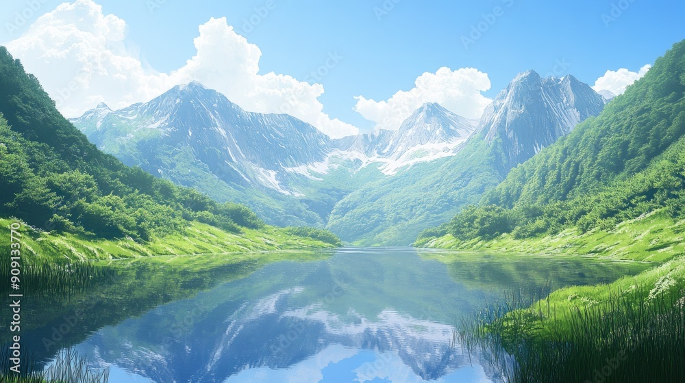 Serene mountain vista featuring lush green valleys, a clear blue sky, and a peaceful lake reflecting the scenery