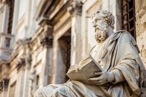 A statue of a philosopher and thinker holding a book against the background of an antique structure, Generative AI.