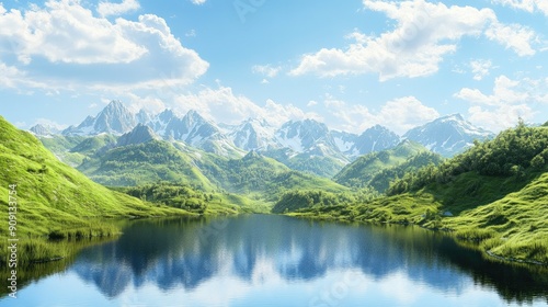 Serene mountain vista featuring lush green valleys, a clear blue sky, and a peaceful lake reflecting the scenery