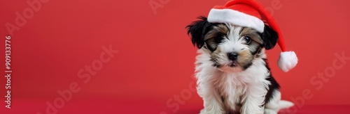 Cute Puppy Wearing Santa Hat Against Red Background During Holiday Season