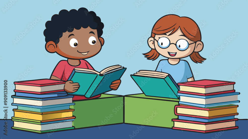 reading kids two kids reading quietly with stacks vector illustration reading kids two kids reading quietly with stacks vector illustration