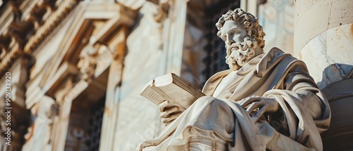 A statue of a philosopher and thinker holding a book against the background of an antique structure, Generative AI.