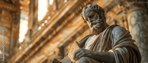 A statue of a philosopher and thinker holding a book against the background of an antique structure, Generative AI.