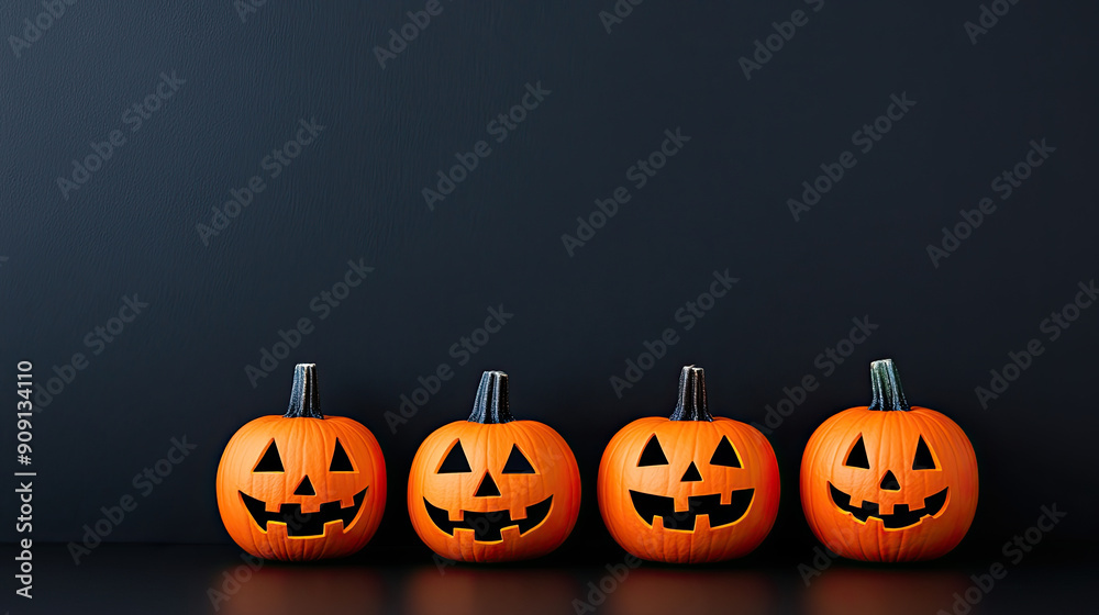 Four vibrant Halloween pumpkins with spooky faces against a dark background, perfect for festive decorations and autumn themes. Four vibrant Halloween pumpkins with spooky faces against a dark background, perfect for festive decorations and autumn themes.
