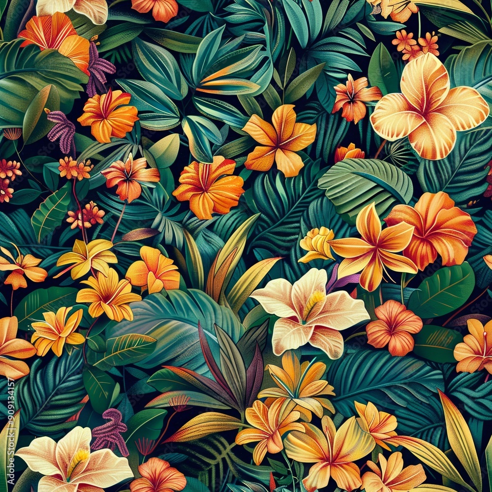 seamless pattern exotic flowers and tropical foliage in a repeating design