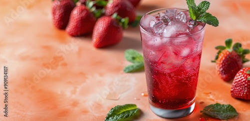 Refreshing Strawberry Mint Beverage Served in a Glass With Fresh Strawberries