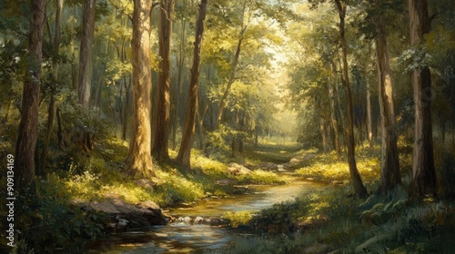 Tranquil forest landscape with towering trees, dappled sunlight, and a peaceful stream meandering through