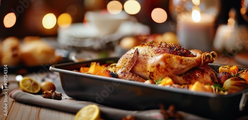 Elegant Dinner Service With Roasted Turkey and Wine During Holiday Celebration