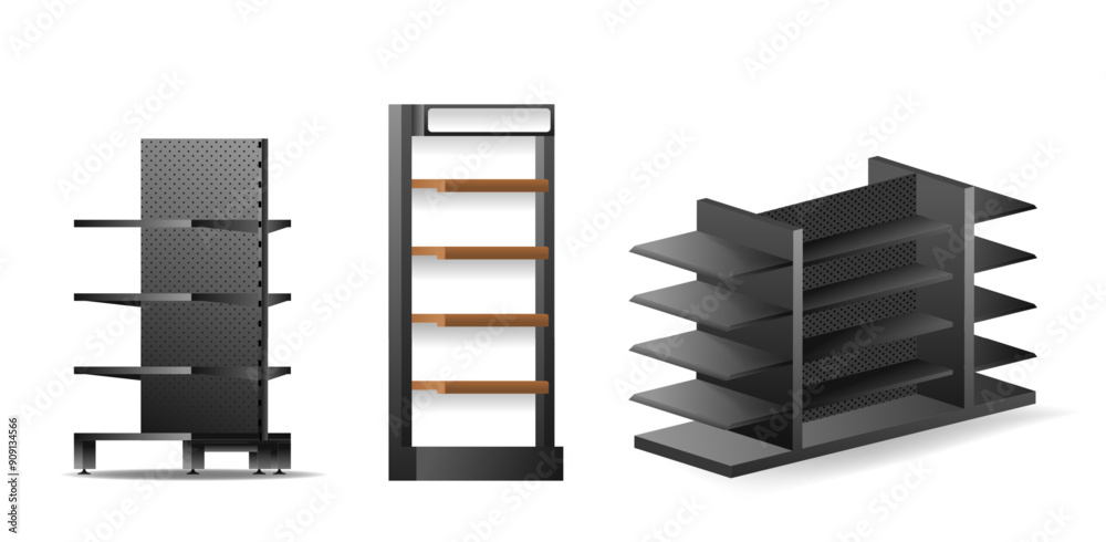 Empty Retail Store Racks And Shelves In Modern Style. Various Types Of Display Units For Store Interior Design Concepts Empty Retail Store Racks And Shelves In Modern Style. Various Types Of Display Units For Store Interior Design Concepts