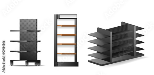 Empty Retail Store Racks And Shelves In Modern Style. Various Types Of Display Units For Store Interior Design Concepts