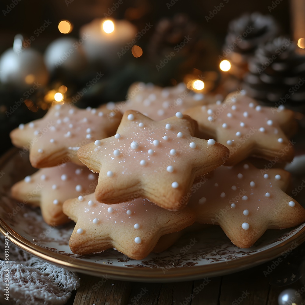 A plate of cookies with white sprinkles on top. The cookies are arranged in a star pattern A plate of cookies with white sprinkles on top. The cookies are arranged in a star pattern
