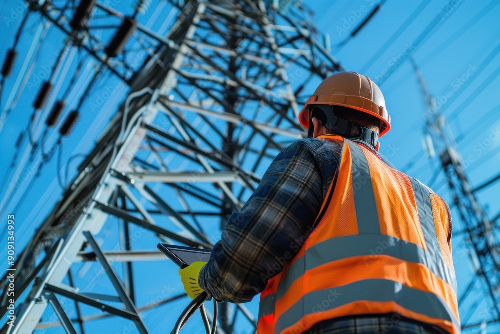 custom made wallpaper toronto digitalA man in an orange safety vest is standing on a power line