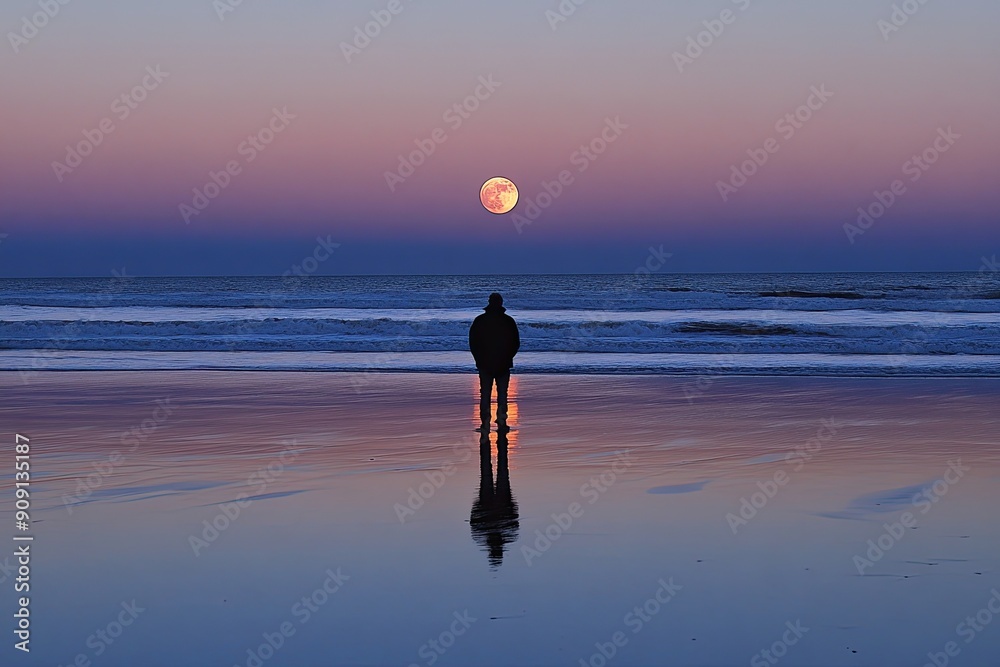 Lone person viewing the moon rise on the beach Lone person viewing the moon rise on the beach