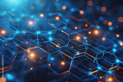 A blue and orange patterned background with a lot of small squares and hexagons