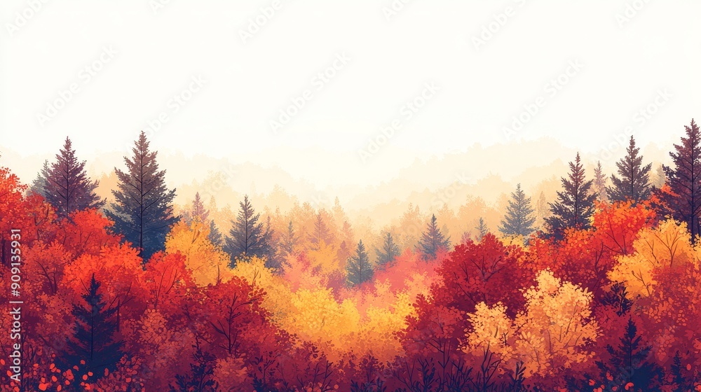 A Misty Autumn Forest with Red and Yellow Leaves A Misty Autumn Forest with Red and Yellow Leaves