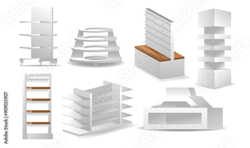 Collection Of Various White Retail Display Racks And Shelves Designed For Store Organization And Product Display