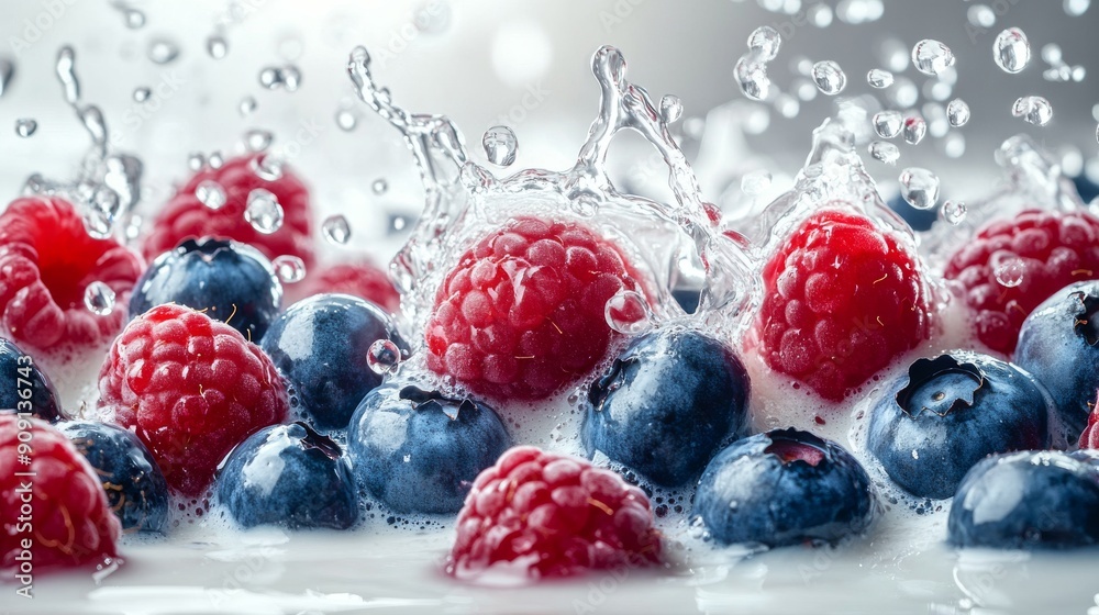 Fresh Raspberries and Blueberries Splashed in Milk Fresh Raspberries and Blueberries Splashed in Milk