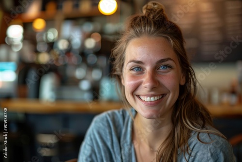 Portrait of a smiling young Caucasian woman in a cafe