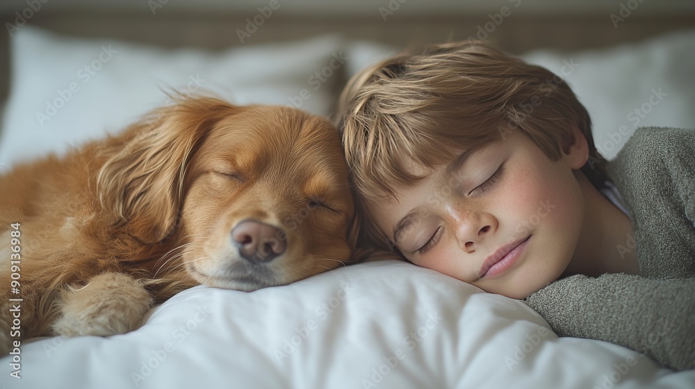 A boy is sleeping on a white bed with his favorite dog. This peaceful image perfectly captures the bond between a child and his pet. A boy is sleeping on a white bed with his favorite dog. This peaceful image perfectly captures the bond between a child and his pet.