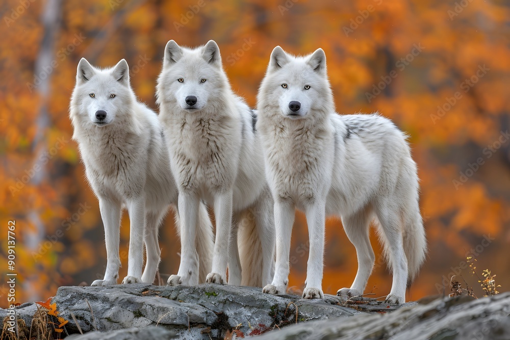 Obraz premium Three Arctic Wolves in Autumn Forest - Wildlife Photography for Nature Art, Wall Decor, Posters, Educational Use