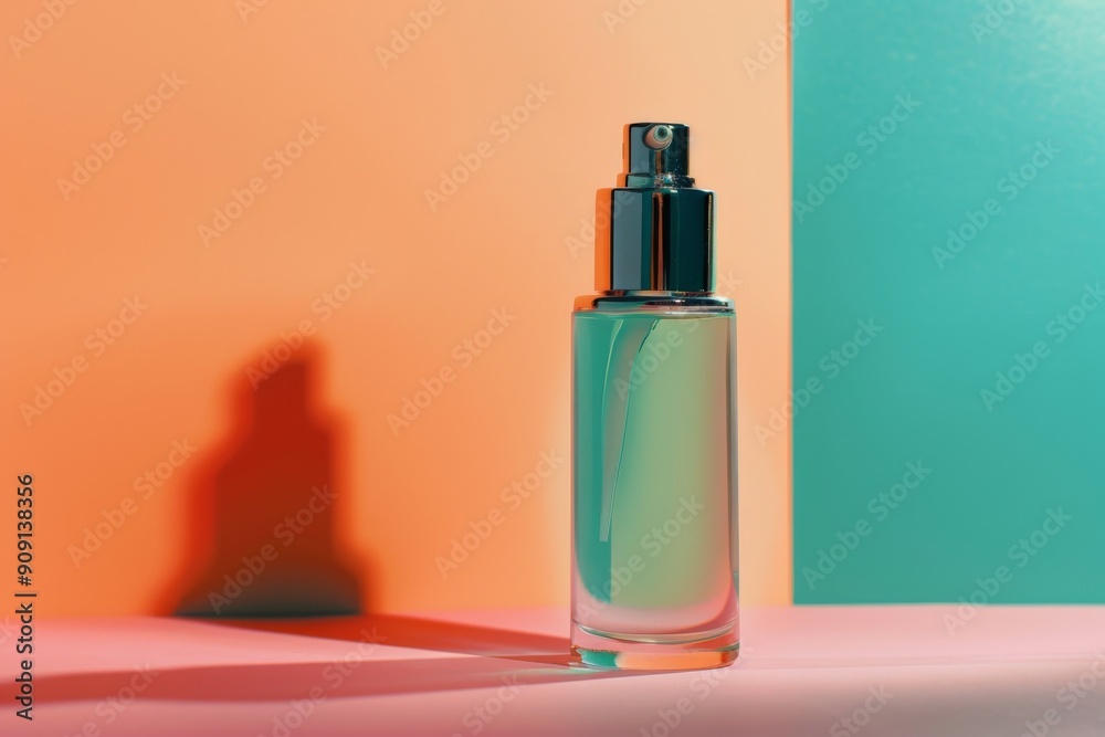 Bottle of facial cosmetic against two color background Bottle of facial cosmetic against two color background