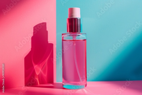 Bottle of facial cosmetic against two color background