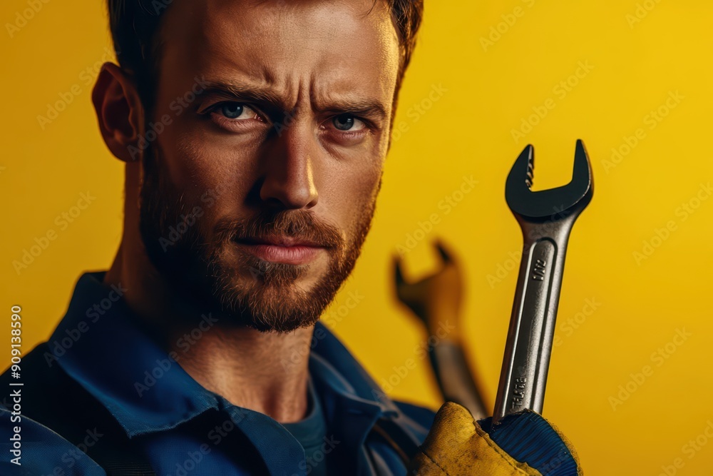 Strange closeup of a skilled mechanic against a solid yellow background Strange closeup of a skilled mechanic against a solid yellow background