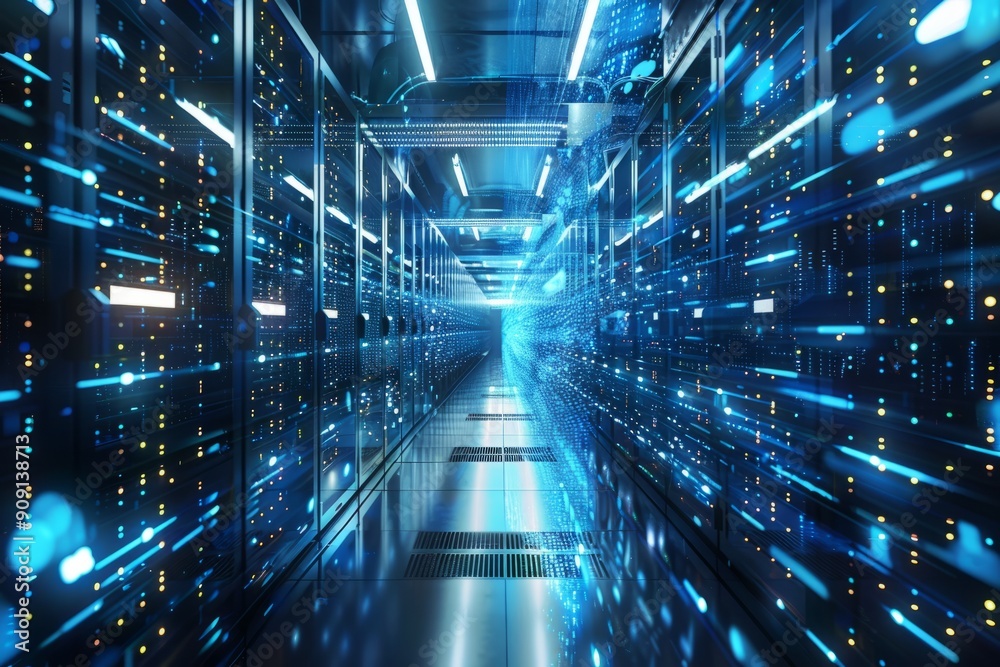 Fototapeta premium High-Tech Data Center Corridor With Flowing Light Effects at Night