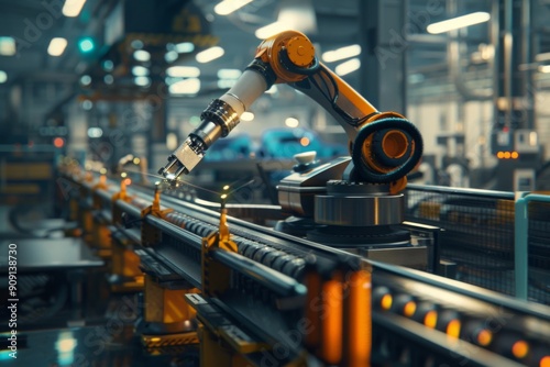 Robot arm on conveyor belt in factory